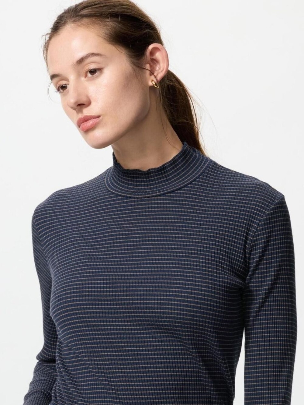 Uniqlo Mock Neck Stripe Pattern Long Sleeve Top - Navy & Brown
